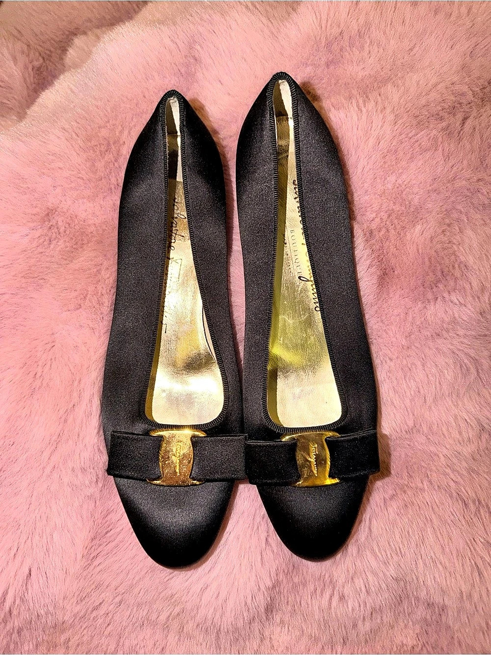 Salvatore Ferragamo Vara Bow Satin Pump Black Bow Ballet Flats